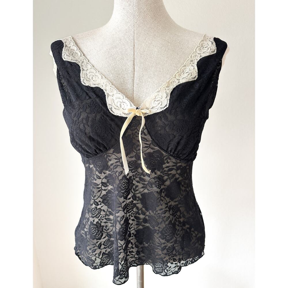 Vintage Delicates Black Lace Camisole Ivory Trim Bow Sheer Floral Tank M